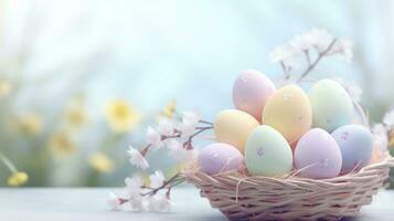 ai generado un festivo Pascua de Resurrección antecedentes con pastel de colores huevos y flores arreglado en un cesta foto