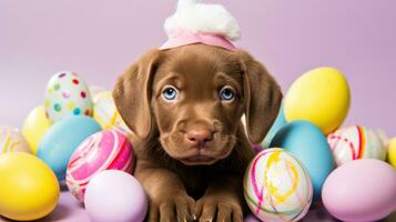 AI generated A cute photo of a puppy wearing bunny ears and surrounded by Easter eggs