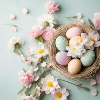 ai generado un festivo Pascua de Resurrección antecedentes con pastel de colores huevos y flores arreglado en un cesta foto