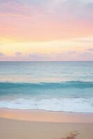 AI generated calm beach with gentle waves, soft sand, and a colorful sunset over the horizon photo