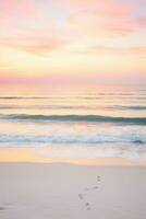 AI generated calm beach with gentle waves, soft sand, and a colorful sunset over the horizon photo