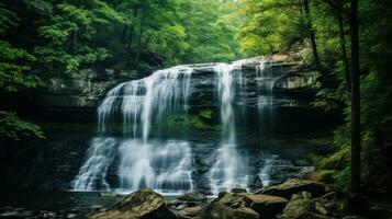 AI generated A soothing waterfall cascading down a rocky cliff with a lush forest in the background photo