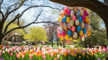 AI generated A picturesque outdoor scene featuring a decorated Easter egg tree and colorful tulips in bloom photo