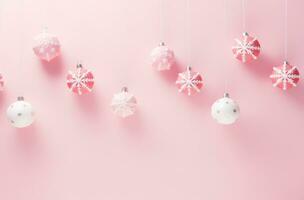 ai generado blanco Navidad decoraciones en rosado antecedentes con blanco copos de nieve, foto
