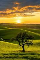 AI generated A peaceful countryside with a golden sunset, a lone tree photo