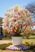 AI generated A picturesque outdoor scene featuring a decorated Easter egg tree and colorful tulips in bloom photo