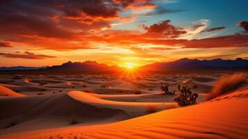 ai generado un pacífico Desierto paisaje con arena dunas, un vívido naranja atardecer, y un pocos cactus en el primer plano foto