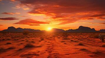 ai generado un pacífico Desierto paisaje con arena dunas, un vívido naranja atardecer, y un pocos cactus en el primer plano foto