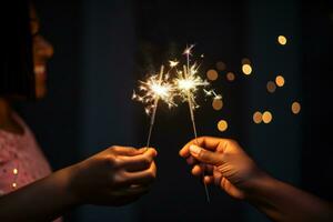 AI generated two people hold sparklers at a party, photo