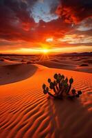 ai generado un pacífico Desierto paisaje con arena dunas, un vívido naranja atardecer, y un pocos cactus en el primer plano foto