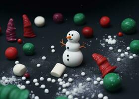 AI generated various small figurines lay in the snow next to a snowman photo