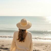 AI generated woman is looking at the sun at the beach in white with hat, photo