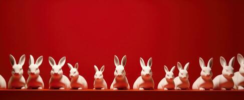 AI generated white rabbits and fans on red tables photo