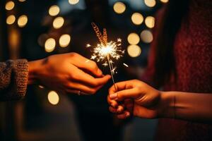 AI generated two people hold sparklers at a party, photo
