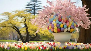 ai generado un pintoresco al aire libre escena presentando un decorado Pascua de Resurrección huevo árbol y vistoso tulipanes en floración foto