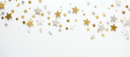 AI generated white background with gold shining stars, photo