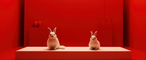 AI generated two small white rabbits are placed on a red table, photo