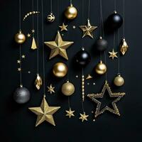 ai generado varios Navidad decoraciones con estrellas y pelotas en negro antecedentes foto