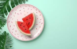 AI generated watermelon and green leaves in a white plate, photo