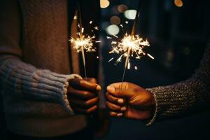 AI generated two people hold sparklers at a party, photo