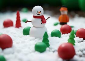 ai generado varios pequeño estatuillas laico en el nieve siguiente a un monigote de nieve foto