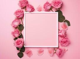 AI generated frame with pink flowers and blank sheet on a pink background photo