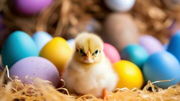 ai generado un bebé polluelo sentado en un nido rodeado por vistoso Pascua de Resurrección huevos. foto