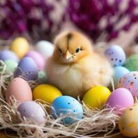 ai generado un bebé polluelo sentado en un nido rodeado por vistoso Pascua de Resurrección huevos. foto