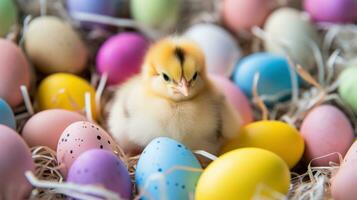 ai generado un bebé polluelo sentado en un nido rodeado por vistoso Pascua de Resurrección huevos. foto