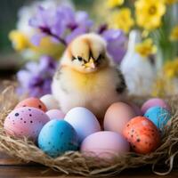AI generated a baby chick sitting in a nest surrounded by colorful Easter eggs. photo