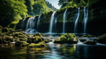 AI generated A soothing waterfall cascading down a rocky cliff with a lush forest in the background photo