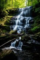 AI generated A soothing waterfall cascading down a rocky cliff with a lush forest in the background photo