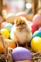 ai generado un bebé polluelo sentado en un nido rodeado por vistoso Pascua de Resurrección huevos. foto