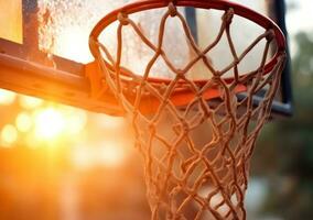 AI generated basketball dunk from basket net on basketball field photo