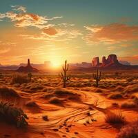 ai generado un pacífico Desierto paisaje con arena dunas, un vívido naranja atardecer, y un pocos cactus en el primer plano foto