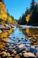AI generated A calm river winding through a forest with vibrant fall foliage and a clear blue sky above photo