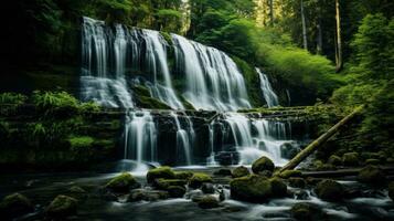 ai generado un calmante cascada cascada abajo un rocoso acantilado con un lozano bosque en el antecedentes foto