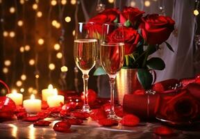 AI generated champagne glasses, red roses, candles and candles at valentine photo