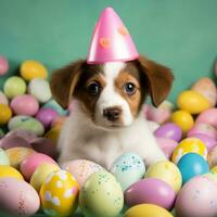 AI generated A cute photo of a puppy wearing bunny ears and surrounded by Easter eggs