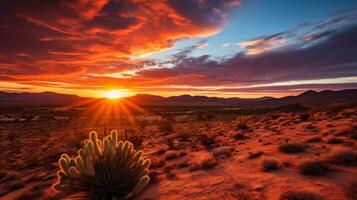 ai generado un pacífico Desierto paisaje con arena dunas, un vívido naranja atardecer, y un pocos cactus en el primer plano foto