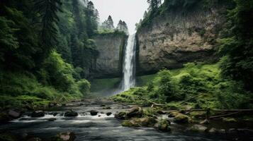 AI generated A soothing waterfall cascading down a rocky cliff with a lush forest in the background photo