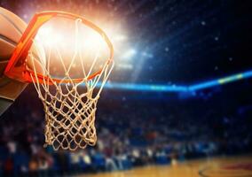 AI generated basketball dunk from basket net on basketball field photo