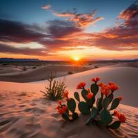 AI generated A peaceful desert landscape with sand dunes, a vivid orange sunset, and a few cacti in the foreground photo