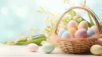 ai generado un festivo Pascua de Resurrección antecedentes con pastel de colores huevos y flores arreglado en un cesta foto