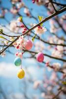 ai generado un maravilloso foto de un floreciente Cereza florecer árbol con vistoso Pascua de Resurrección huevos colgando desde sus ramas