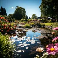 AI generated A tranquil garden with a small pond, colorful flowers, and a clear blue sky in the background photo