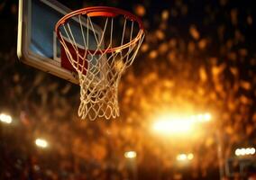 ai generado baloncesto remojar desde cesta red en baloncesto campo foto