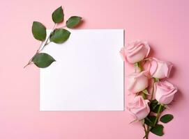 AI generated frame with pink flowers and blank sheet on a pink background photo