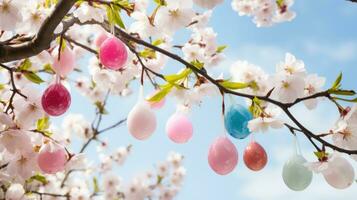 ai generado un maravilloso foto de un floreciente Cereza florecer árbol con vistoso Pascua de Resurrección huevos colgando desde sus ramas