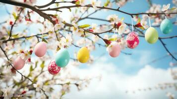 ai generado un maravilloso foto de un floreciente Cereza florecer árbol con vistoso Pascua de Resurrección huevos colgando desde sus ramas